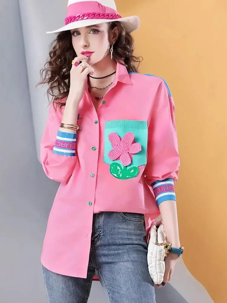 Spring New high quality 100% Cotton Women's Long Sleeve Shirt Loose Stitching Casual blouse Top for women
