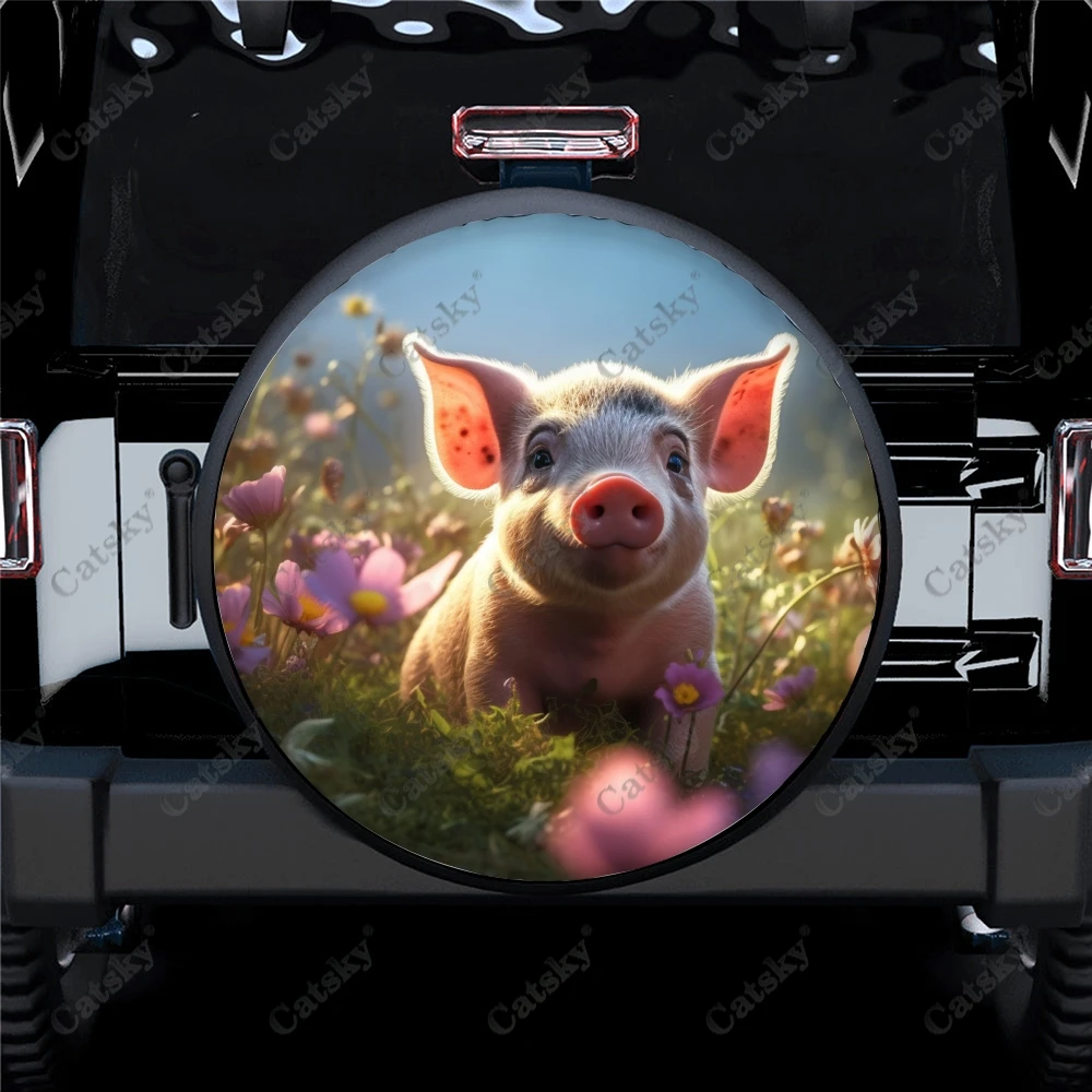 

Pig with Wildflower Polyester Universal Spare Wheel Tire Cover Custom Tire-Covers for Trailer RV SUV Truck Camper