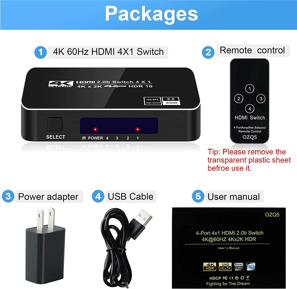 Remote HDMI Switcher 4K 60Hz 4 Port HDMI Switch 4 input 1 output HDMI Splitter A