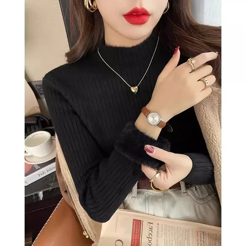 Solid Color Autumn and Winter Semi-turtleneck Women's Long Sleeve Sweater Fashion Pullover Knitwear Integrated Fleece Base Layer