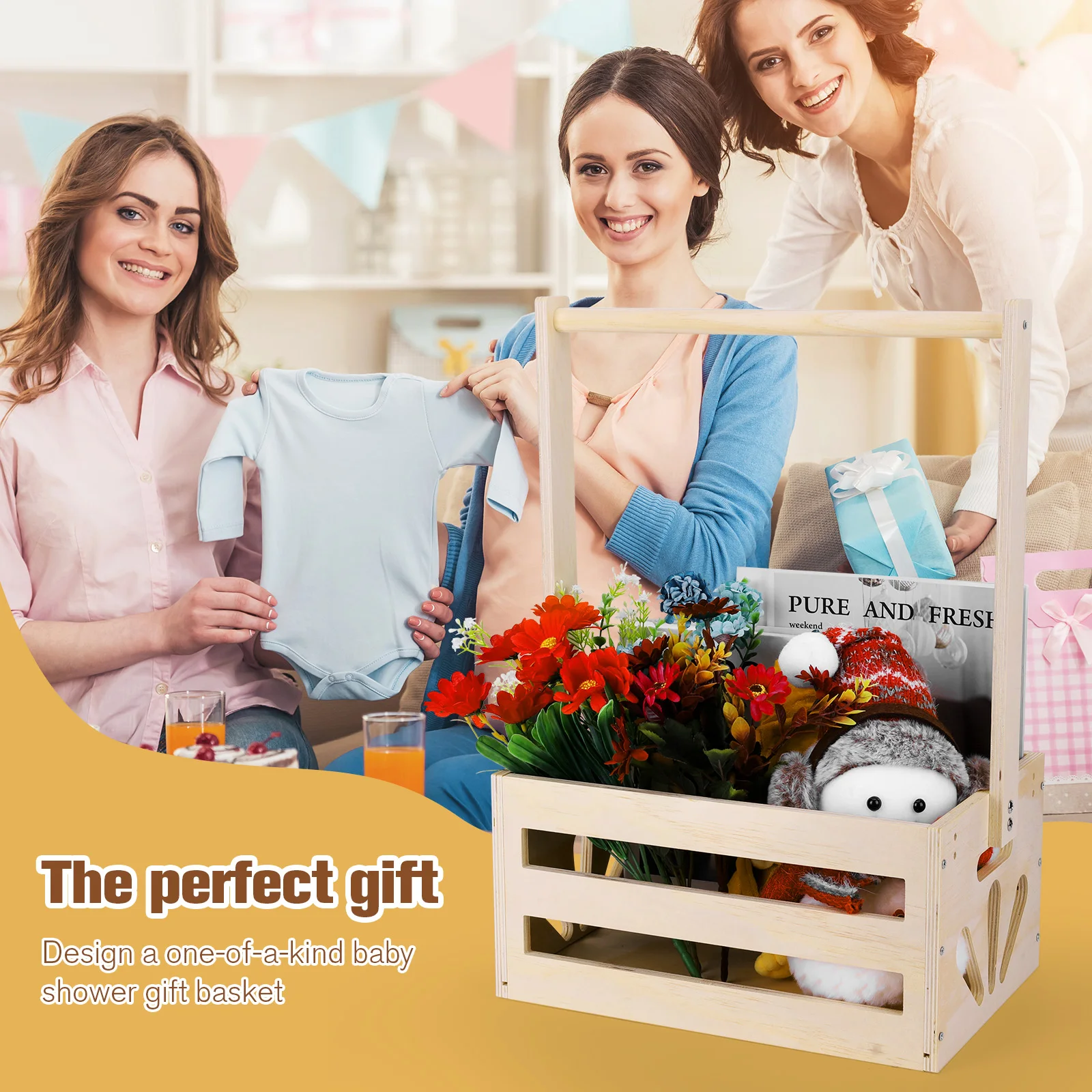 Wooden Baby Shower Gift Basket with Handle 3