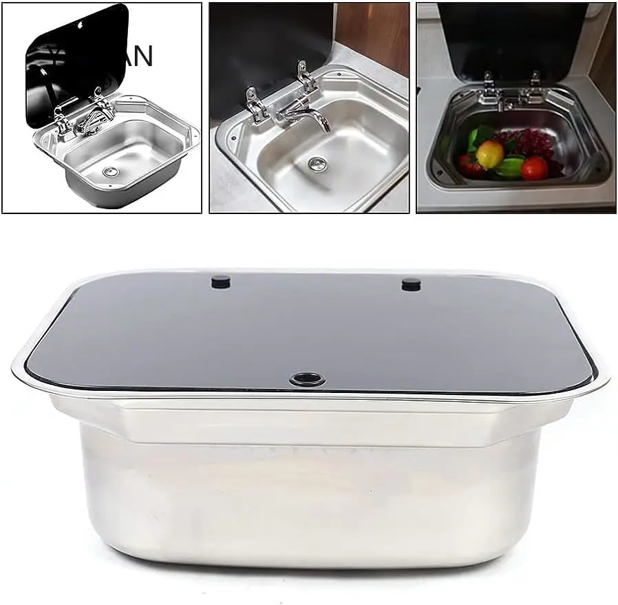 Stainless Steel Kitchen Sink with Folding Lid, Single Bowl, Sink for RV Caravan Camper Boating Bar,Drop-in