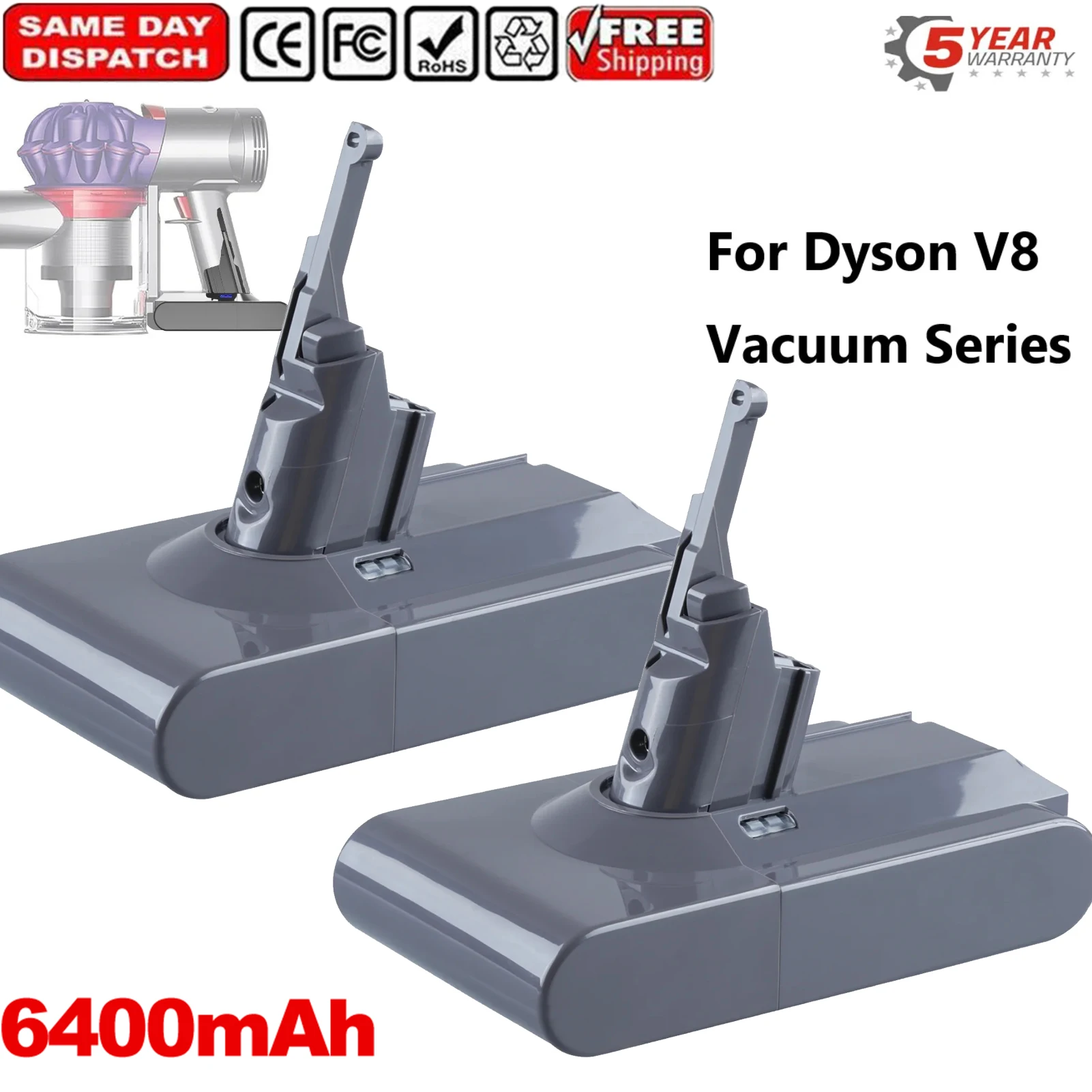 2Pack 6.4Ah Li-on V8 Replace for Dyson 21.6V Battery Pin Suit for Absolute Cord-Free Vacuum Handheld Vacuum Cleaner Dyson V8