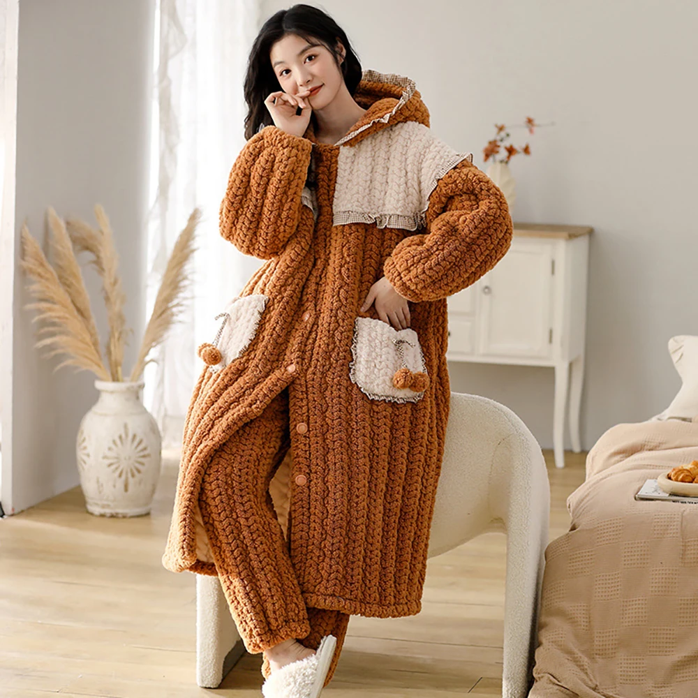 

3-Layer Super Thicken Flannel Pajama Dress Sets Fairy Style Cute Cartoon Hooded Long Bathrobe Women's Robe Night Dress Nightwear
