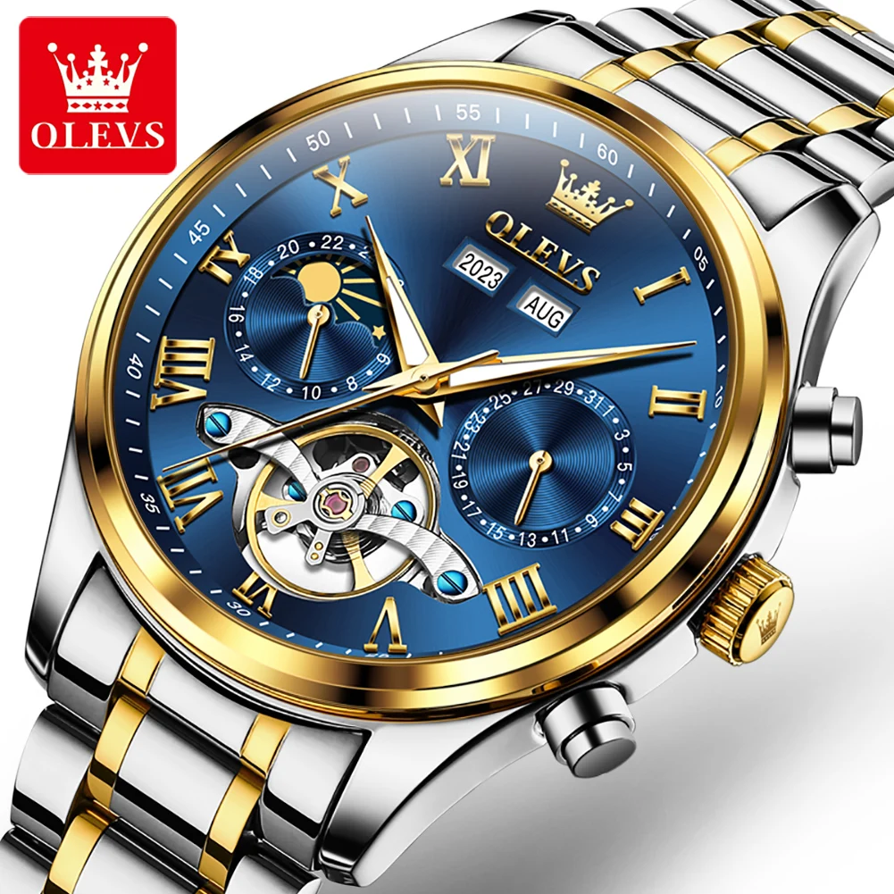 OLEVS 7005 Automatic Man Watch Top Brand Roman Scale Mechanical Watch For Men Moonswatch Hollow Luxury Waterproof Wristwatch