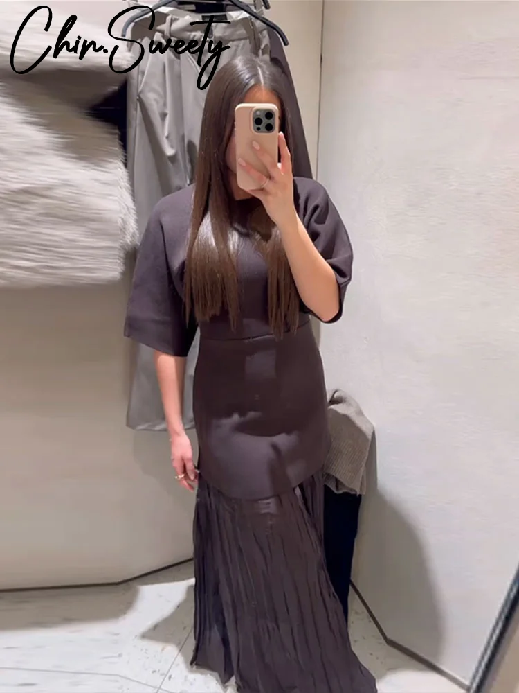 Elegant Patchwork Long Dress Women Slim O-neck Half Sleeve Pleated Party Dresses 2025 Spring Summer Lady Commute Robes 6