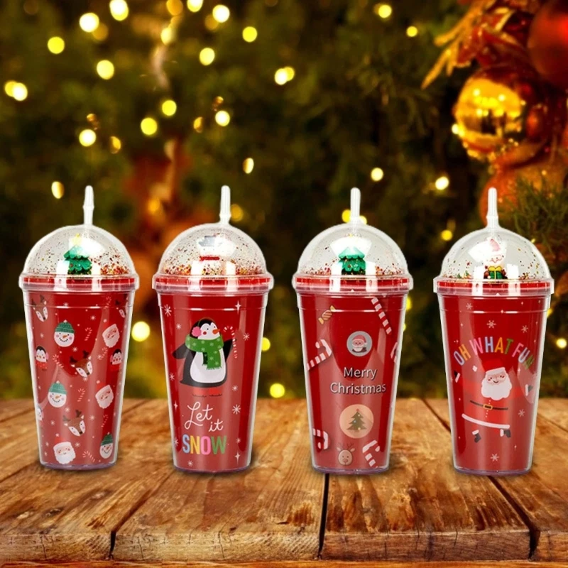 

450ml Reusable Christmas Cup Double Wall Drink Cups with Lid Straw Xmas Santa Snowman Coffee Mug Tumbler Drinkware Gift M6CE