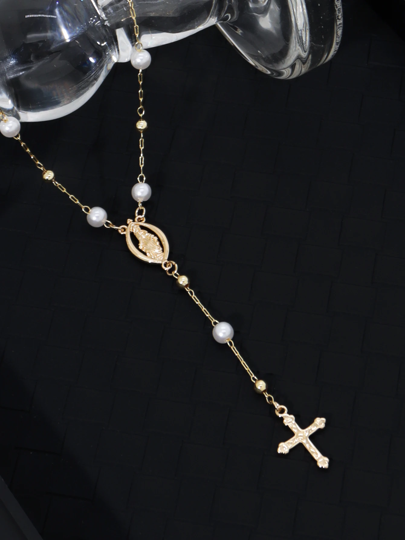 Gold Imitation Pearl Religious Y-Shaped Necklace