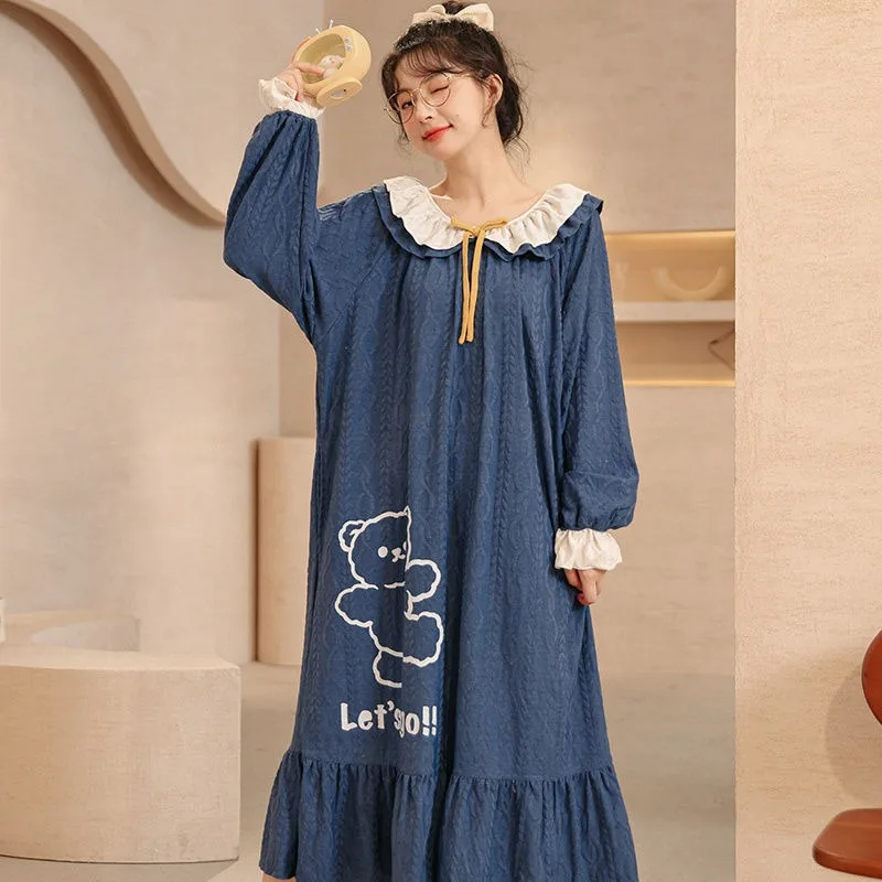 

Spring Sleepwear with Chest Pad Cotton Long Sleeve Skirt Nightgown Korean Version Loose Pajamas Large Size Printed Bow Pyjamas