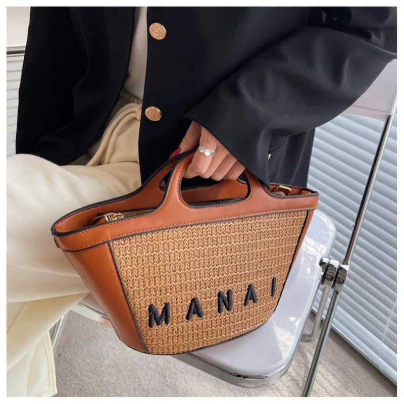 Handbags Crossbody Bags for Women Straw Woven Bag Spliced One Shoulder Basket Beach Bags Fashionable and Versatile Bucket Bag 2