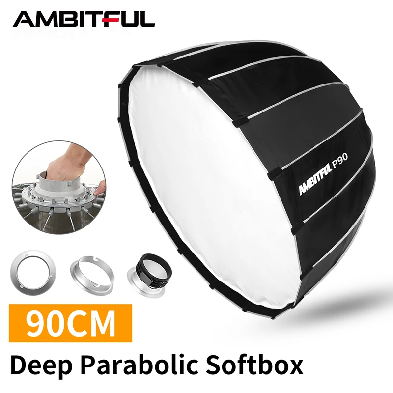 Параболический софтбокс AMBITFUL P90 быстросъемный 16 стержней 90 см - Цена: 7 787,47 - 9 345,45 руб.