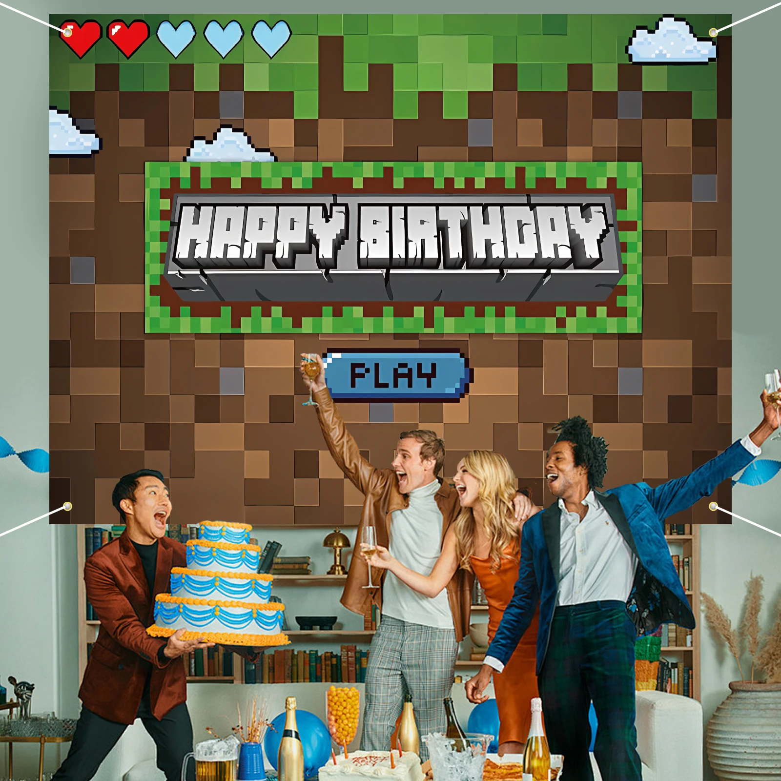 Video Game Themed Birthday Party Backdrop - Pixel Design