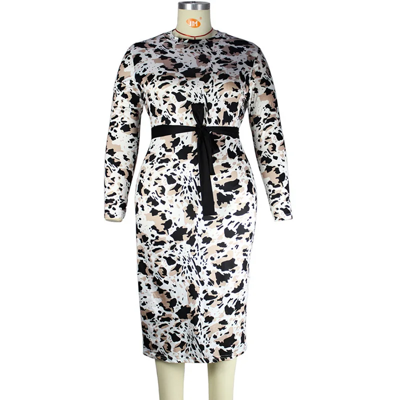 Fashion Printing Lacing Long Sleeve Bag Hip Women's Clothing Spring Autumn Office Lady Round Neck Sashes Slim Plus Size Dresses