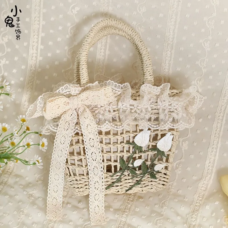 

Tulip Women Lolita Straw Handbag Handmade Woven Lace Bag Lady Soft Girl Pastoral Style Beach Bag Lolita Accessories