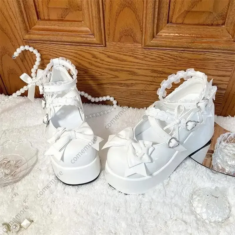 Lace Bowknot White Lolita Shoes for Women 2025 Heart Buckle Platform Mary Janes Woman Japanese Style Patent Leather Jk Shoes 4