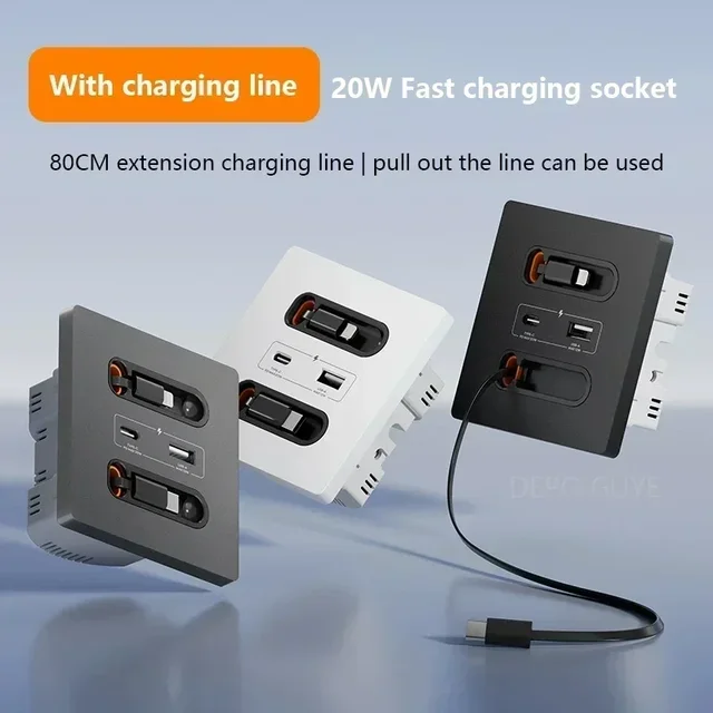 Universal Smart Socket With Charging line 20W Fast Charge USB C Port PC Power Wall Panel,Mobile phone charging Type C Outlet