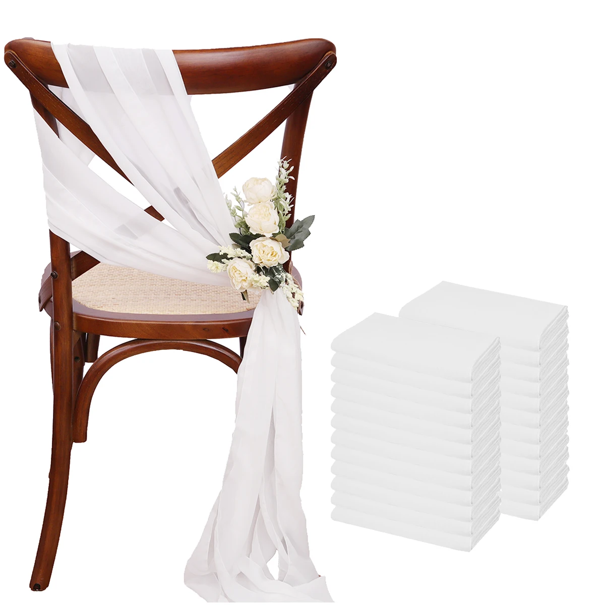 

24 Pcs 17x275cm Chiffon Chair Sashes 12 Set White Chair Sash Wedding Chair Covers Ribbon Wedding Party Aisle Chair Decor