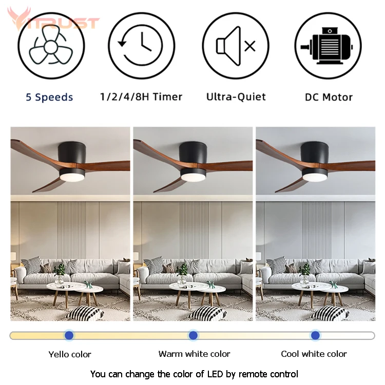 Nordic Frequency Conversion Wooden Ceiling Fan Home Decorative Ceiling Fan with 3 Solid Wooden Blade Support 110-240V