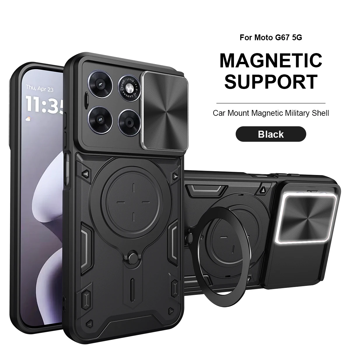 Heavy Duty Rugged Armor Phone Case with Magnetic Bracket and Slide Camera Protection Cover