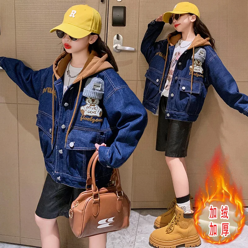 

Fashion Cartoon Denim Hooded Coat for Girls Winter Thick Warm Top Children's Clothes for Teens Casual Letter Print Jacket 4-14 Y