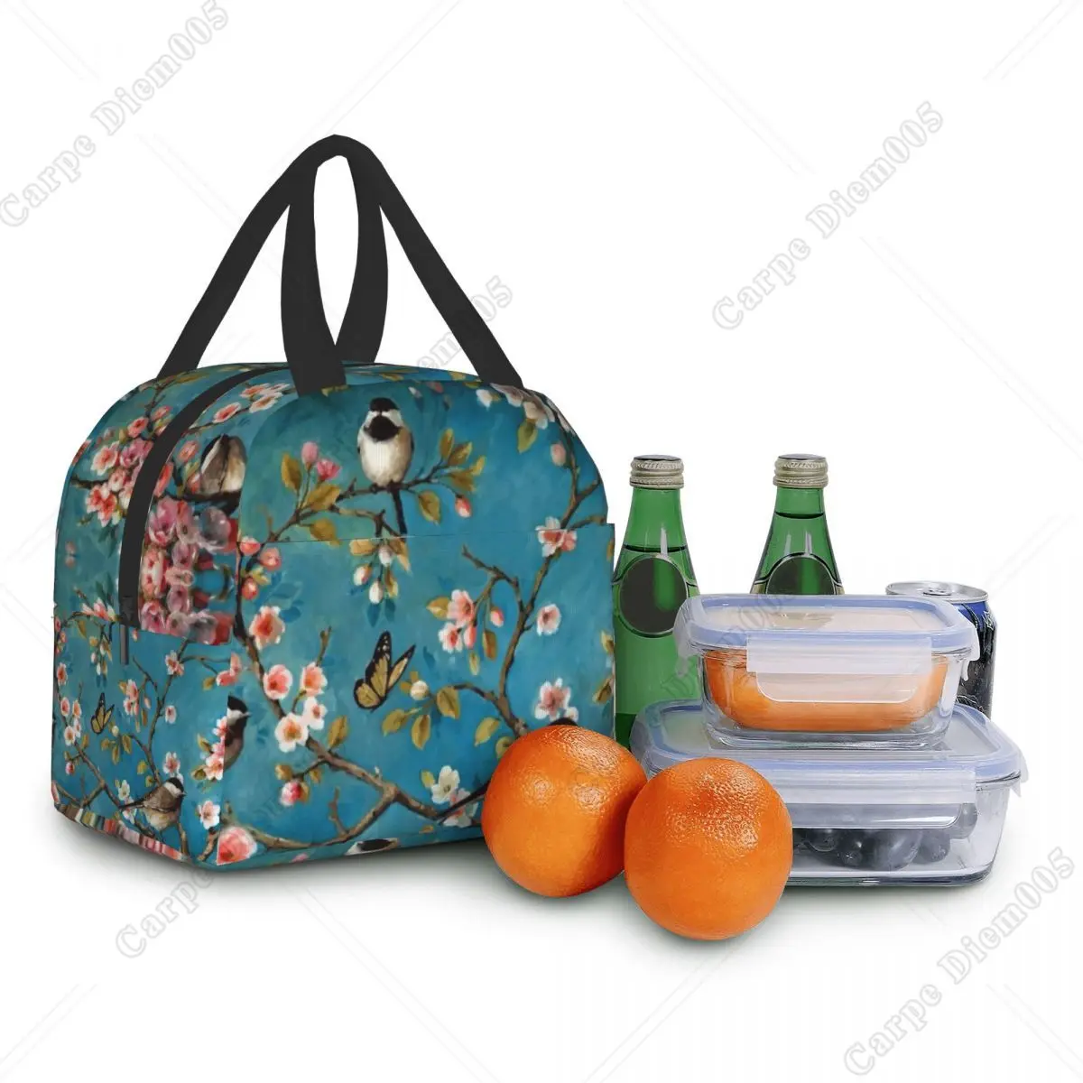 Cute Birds Cherry Blossom Insulated Lunch Bag Waterproof Parrot Bird Thermal Cooler Lunch Box for Women Office Work School