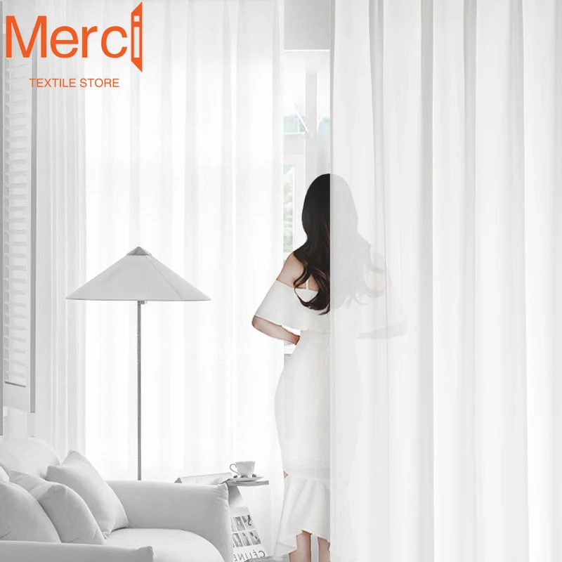 Luxurious Chiffon White Tulle White Sheer Curtains for Living Room Bedroom Voiles Door Screen Partition Door Decoration Solid sheer curtains