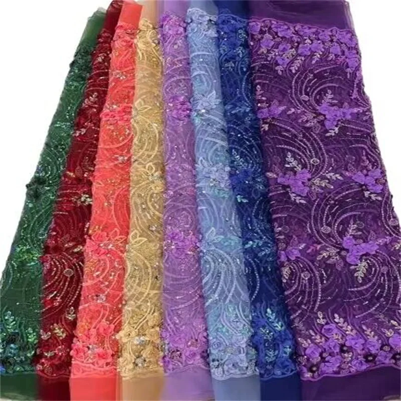 

Red Luxurious African Groom Sequins Lace Fabric High Quality 3D Heavy Beads Embroidery French Tulle Lace Nigerian Wedding Dress