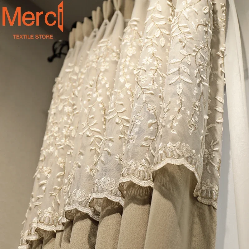 

French Luxury Romantic Lace Curtain Milk Tea Color Blackout New Bay Window Curtains for Living Dining room Bedroom Tulle Custom