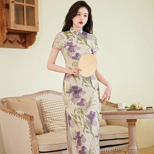 Vestido Cheongsam de satén de longitud media para mujer, estilo