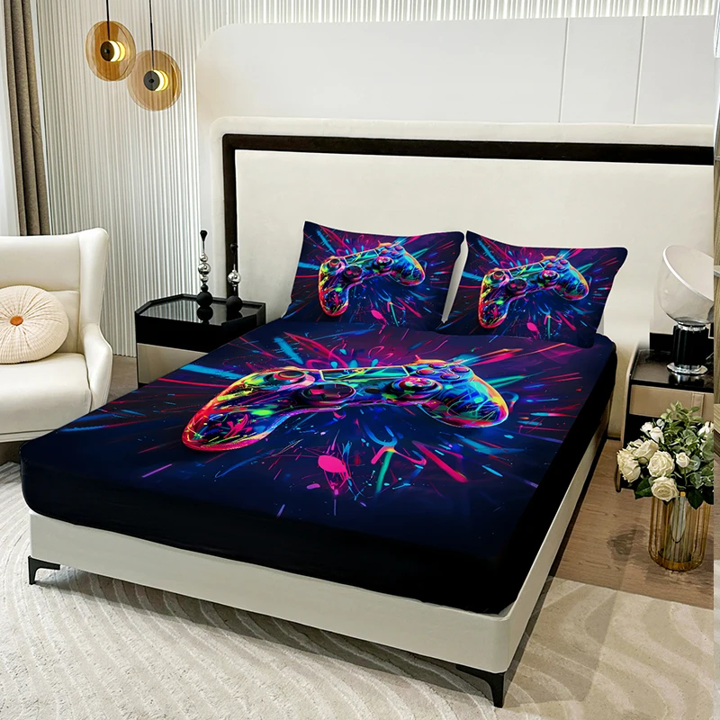 3PC Colorful Spark Game Console Bed Sheet, 1 fitted Sheet+2 Pillowcases, Digital Printing Technology, Available for All Seasons 2