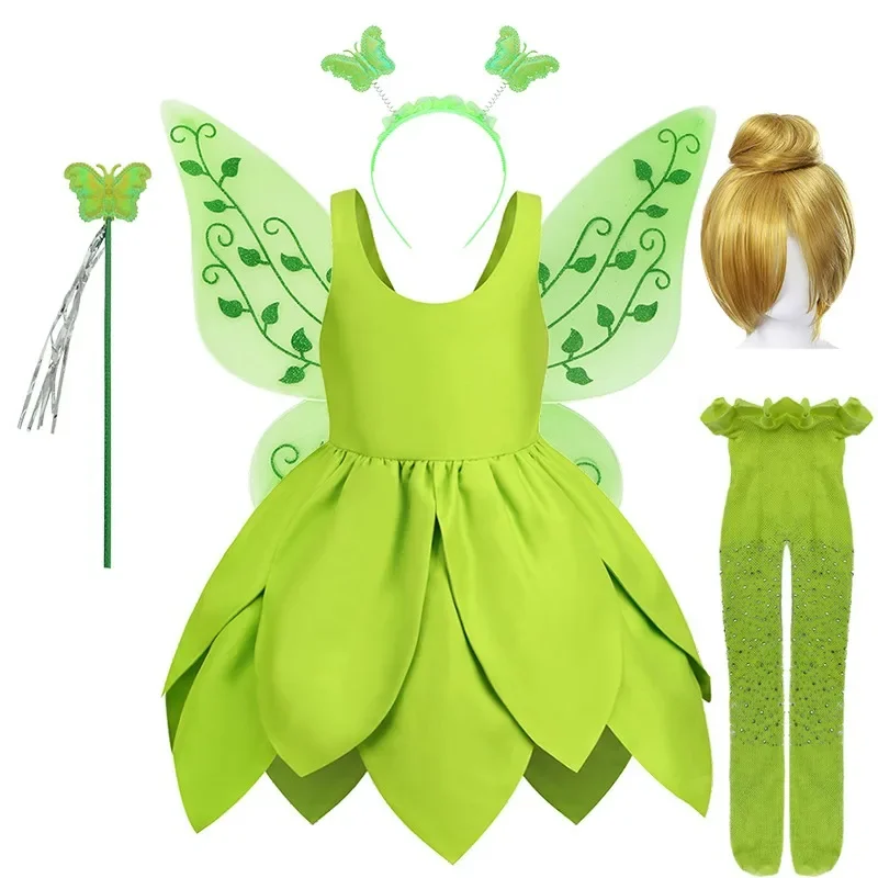 Halloween Tinker Bell Fairy Dress Baby Girl Fantasy Forest Elf Cosplay Costume Kids Green Leaf Glitter Gowns Child xtmas Outfits