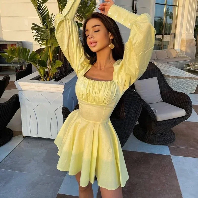 

2023 Autumn New Square Collar Gothic Bandage Stretchy High Waist Women White Black Mini Dress Puff Sleeve Korean Vestidos