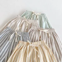 Pantalon Vintage à rayures en coton et lin pour garçons, Design de poche décontracté, taille élastique, vêtements pour petites filles, pantalons pour enfants 3