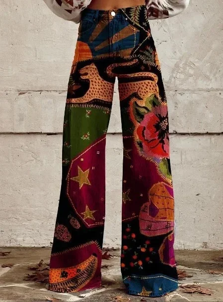 Fashion Printed Button-zip Women's Pants Elegant High Waisted Bell Bottom Pant Vintage Floral Printed Versatile Casual Fly Pants 2