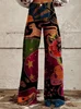 Fashion Printed Button-zip Women's Pants Elegant High Waisted Bell Bottom Pant Vintage Floral Printed Versatile Casual Fly Pants 2