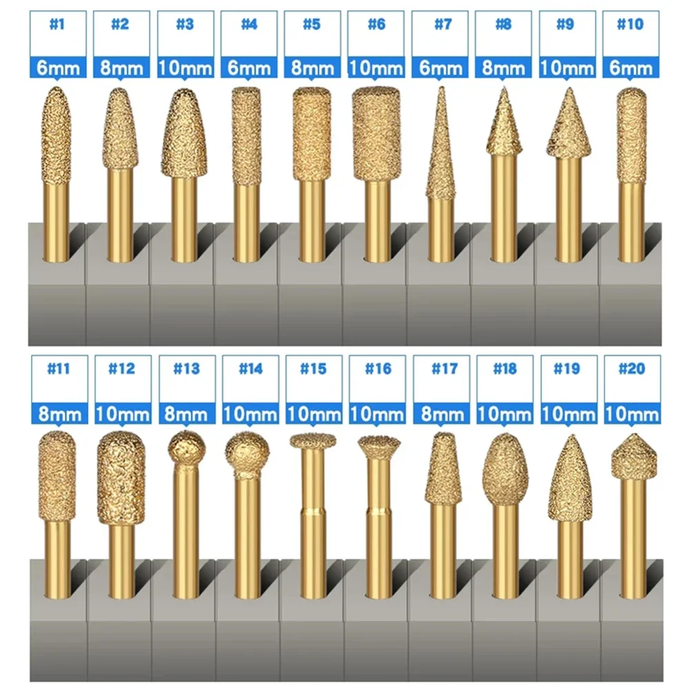 Vacuum Brazed Diamond Burr Head, Moagem Rotary File, Gravura em Mármore, Máquina CNC, Carving Router Bits, 6mm Shank