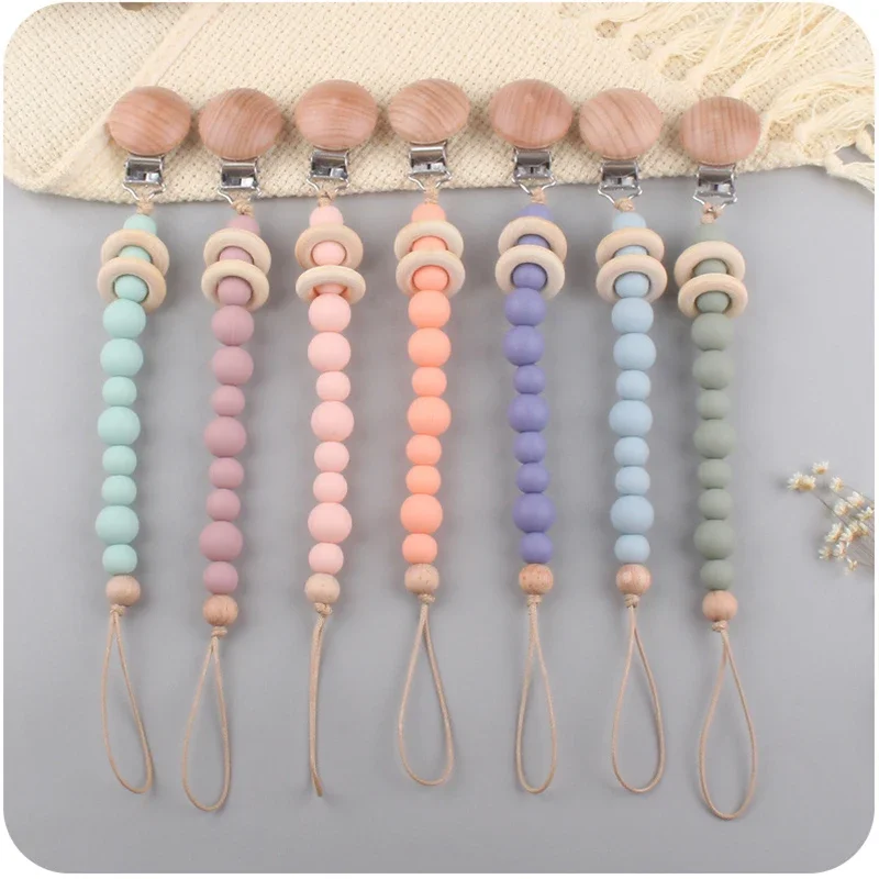 Pacifier Chain Clips Pacifier Accessories Teether Clip Baby Pacifier Clips Silicone Beads Wooden Ring Infant Nipple Appease Soother Chain Dummy Holder
