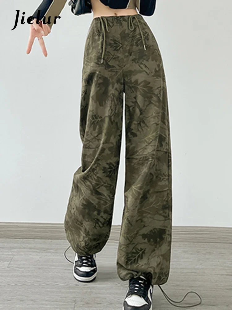 Jielur American Sexy Drawstring Fashion Female Cargo Pants High Street Camouflage Chic Pockets Slim Loose Green Women Trousers