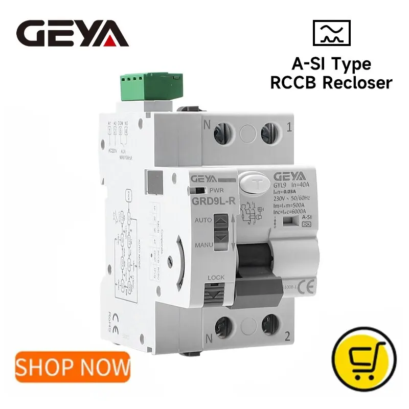GEYA GRD9L with A-SI RCCB Auto Recloser Leakage Circuit Breaker 2P 40A 0.03A(30mA) RCD Electromagnetic Super Immunised