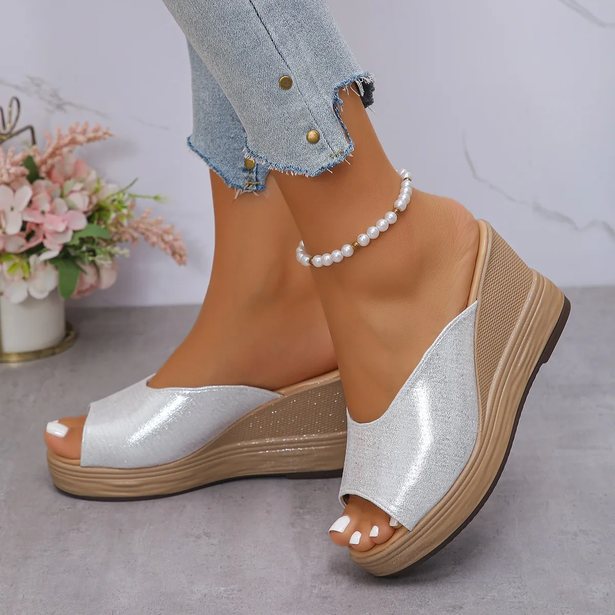Shoes Woman 2025 Slippers for Swimming Pool Wedge Peep Toe Round Headed Sequin Design Comfortable Beach Shoes Size 35-43