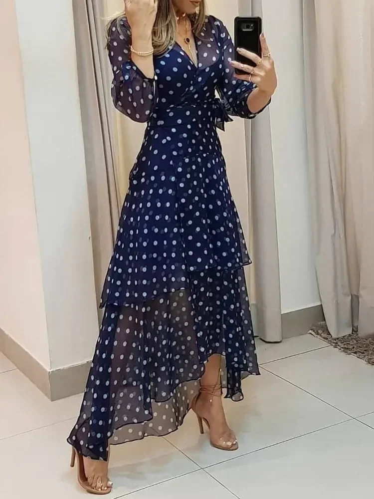 

Women Lantern Sleeve Polkadot Print Layered Ruffles Maxi Dress Elegant Fashion Chic Dress