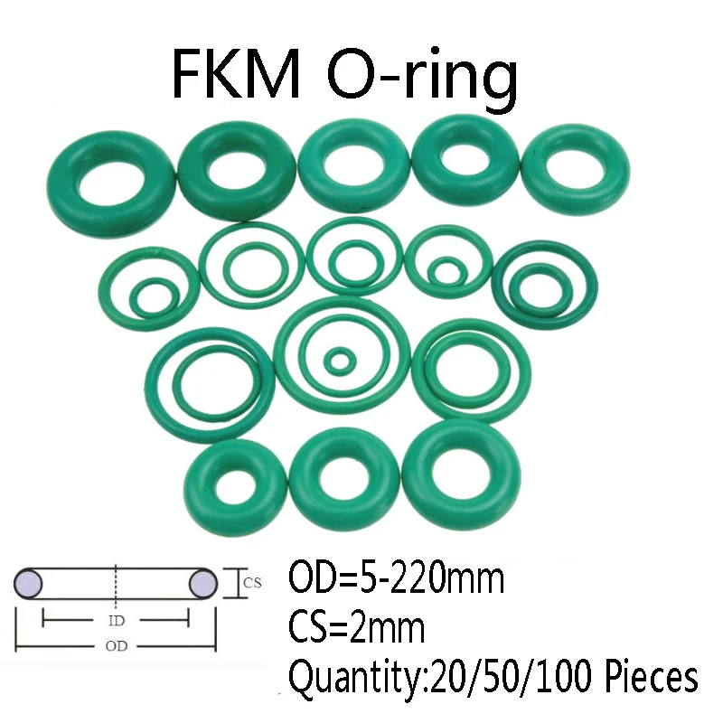 20 50 100pieces green fkm o ring cs 2mm od 5 220mm fluorine rubber