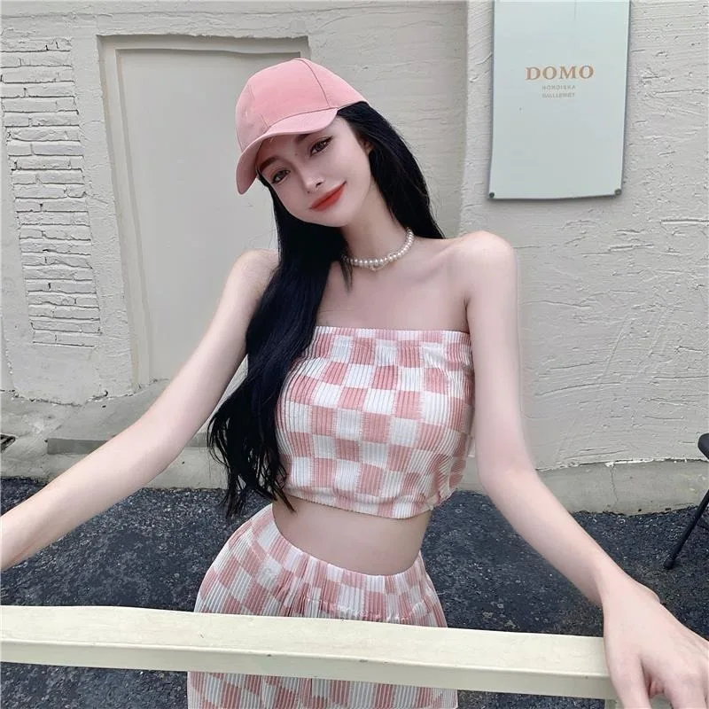 2024 Summer New Spicy Girl Short Sexy Bra Open Waist Tank Top with Checkered Pleats Comfortable Casual Women's Wide Leg Pants