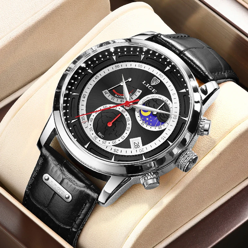 LIGE Fashion Luxury Men's Watches Business Leather Strap Quartz Watch for Men Waterproof Casual Sport Man Chronograph Wristwatch