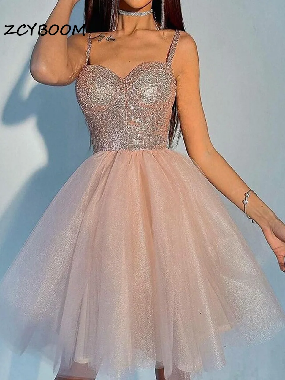 

Sparkle & Shine Ball Gown A-Line Puffy Cocktail Spaghetti Straps Sleeveless Knee Length Tulle Glitter Sequined Party Prom Dress