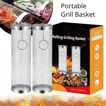 Cestino per griglia in acciaio inossidabile Gabbia per barbecue portatile Cestino per grigliate rotolante Cestino per griglia per barbecue utile Accessori per griglia da esterno 1