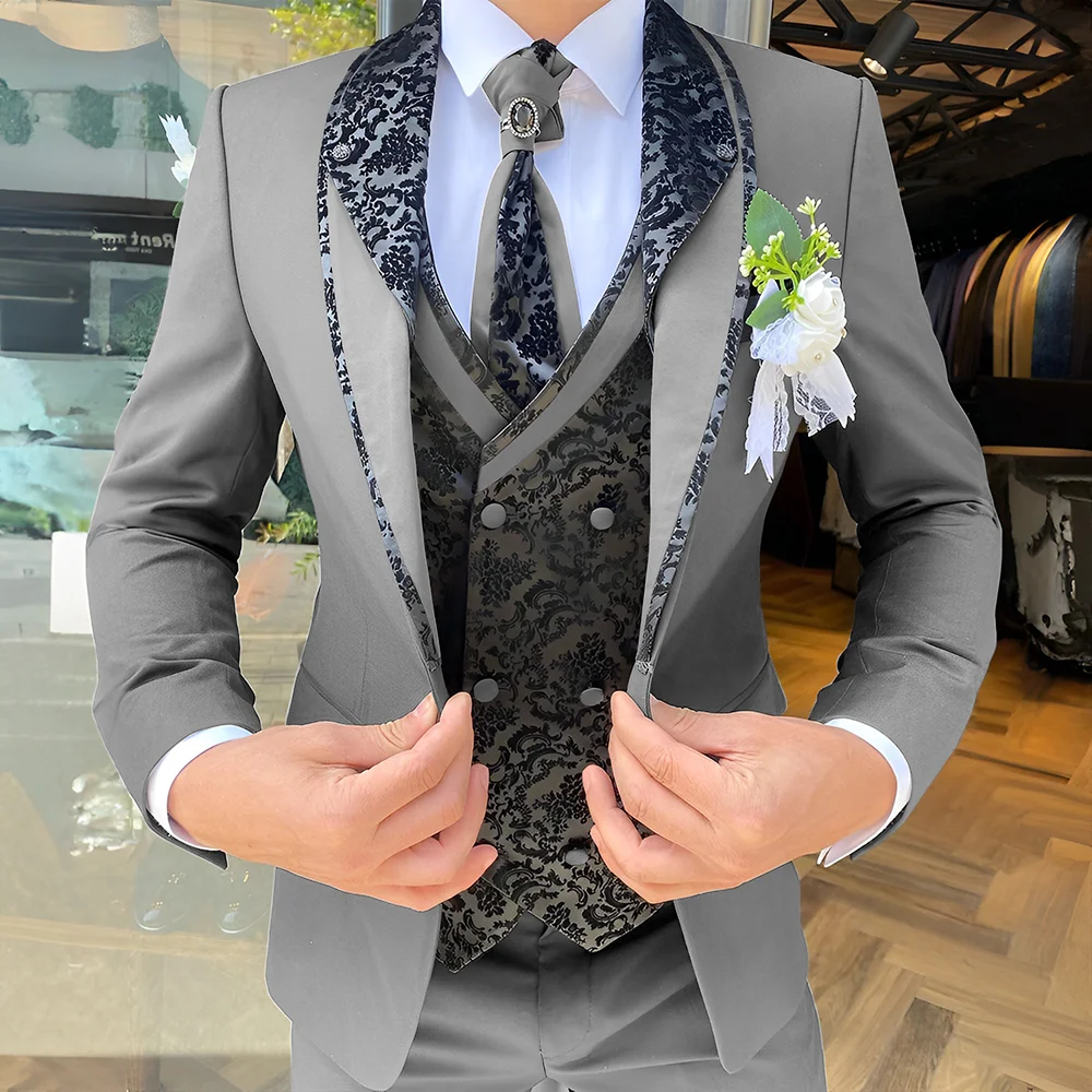 Handsome Men's Suit 3-piece Elegant Groom Wedding Tuxedo Jacket Pants Vest Customized Formal Blazer for Male 3