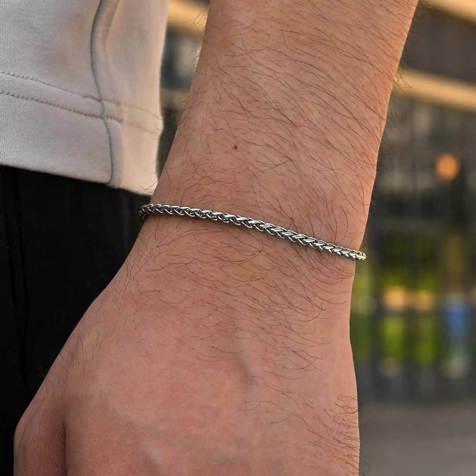 2pcs Stainless Steel Bracelet for Men,Silver Color Wheat Chain Figaro Chain Link Bracelets,Hip Hop Trend Jewelry Gift