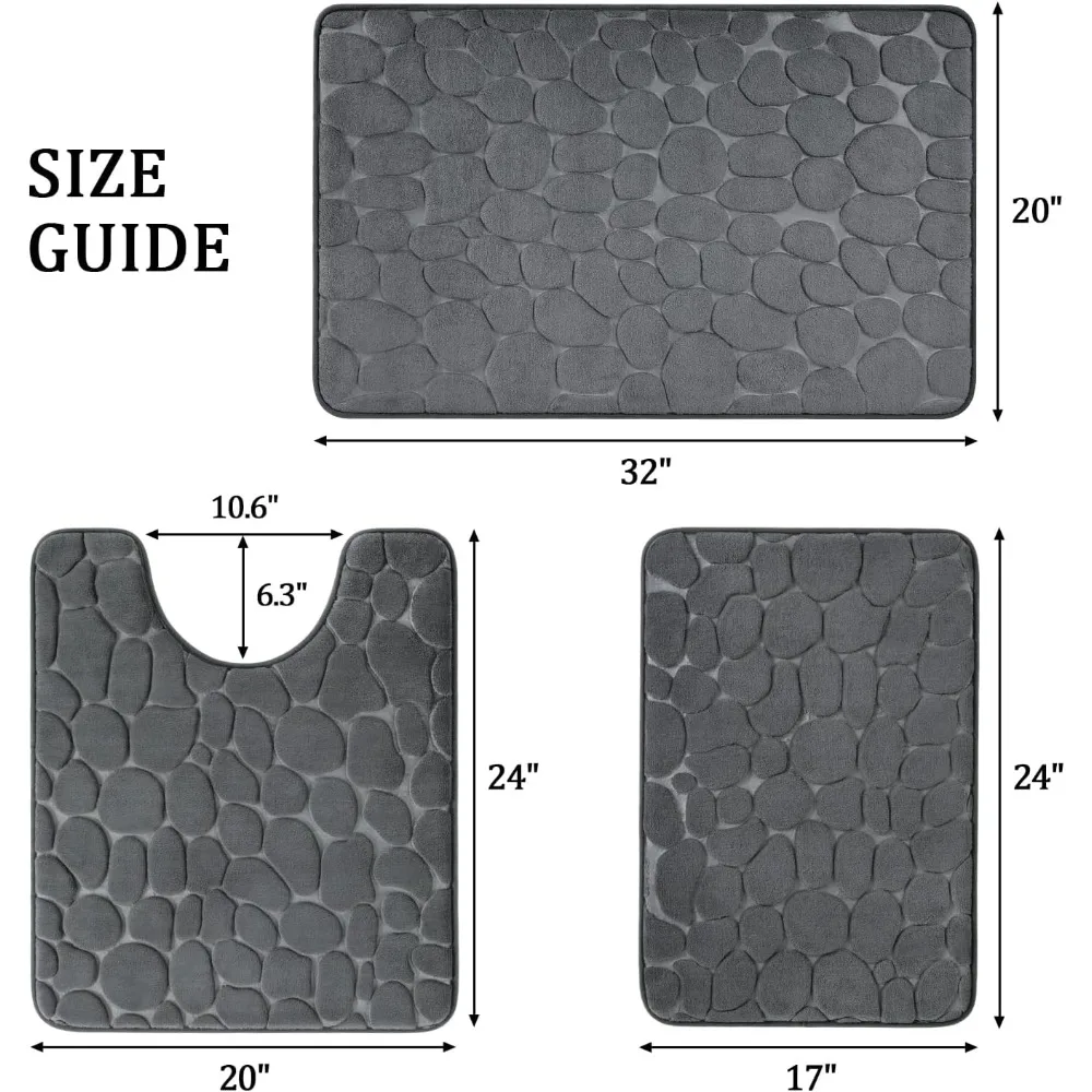 Bathroom Rugs Sets 3 Piece, Cobblestone Memory Foam Bathroom Mats Set Extra Thick, Non Slip Bath Mats for Bathroom, Water Absor