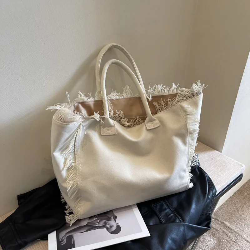 SCOFY Minimalist Summer Canvas Tassel Shoulder Bags for Women 2024 Tote Work Bag for Travel Shopping School Handbag Bookbag